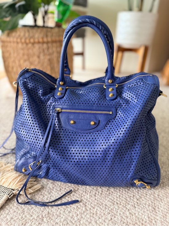 Balenciaga Handbags - Balenciaga 2013 Blue Cross Perforated Lambskin Motorcycle City Bag (large)